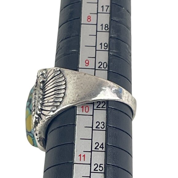 Vintage-Style Silver Ring Teardrop Turquoise Stone Engraved Feathers Boho Sz 10 - Picture 8 of 8